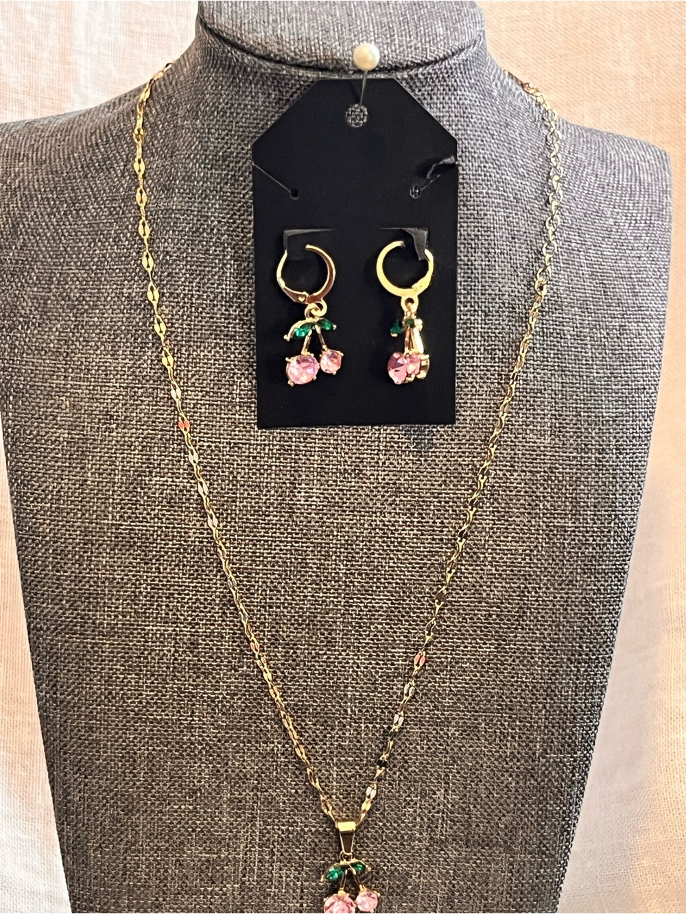 Beautiful Gold-Tone Pink Crystal Cherry Necklace & Earring Set